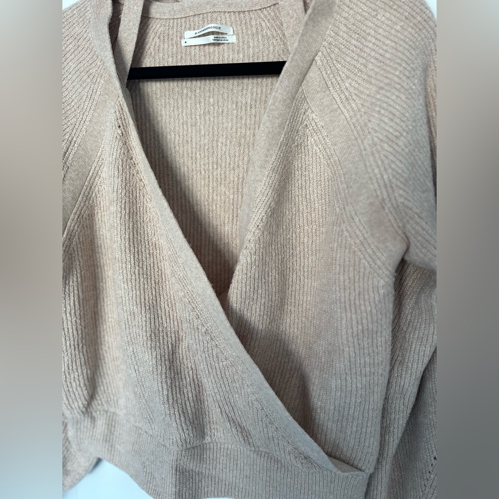 By Anthropologie Women’s Faux Wrap Sweater Medium Beige Ribbed Knit Long Sleeve - Picture 2 of 11
